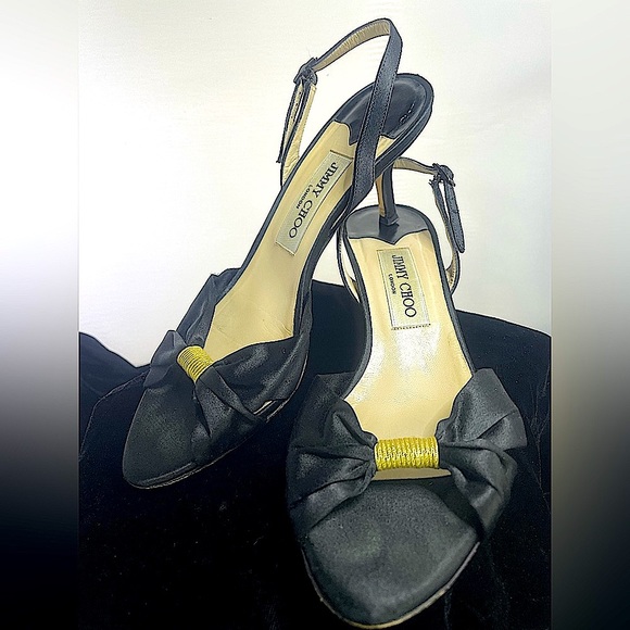 🖤 JIMMY CHOO 🖤 Black Satin Slingback Open Toe Heels 38 Italy 🇮🇹 Couture 🖤 - Picture 1 of 8